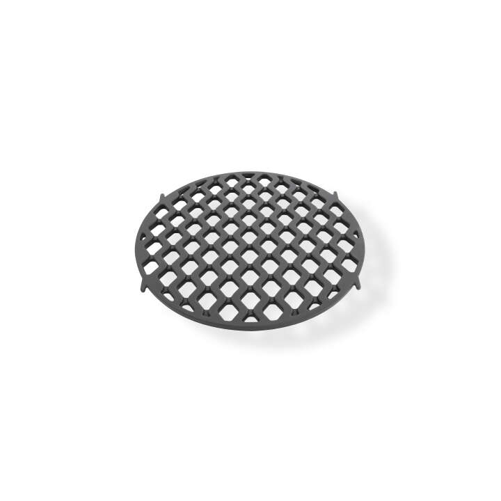 9116288---7791_SWITCHGRID_Sear_Grate Runde, schwarze Grillabdeckung mit einem feinen, durchbrochenen Muster.